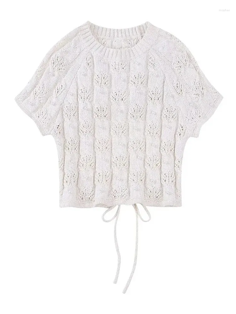 Женские свитера 2023, летние девушки с жемчужными украшениями, модные вязаные белые короткие женские свитера с открытой спиной, повседневные пуловеры с круглым вырезом и рукавами