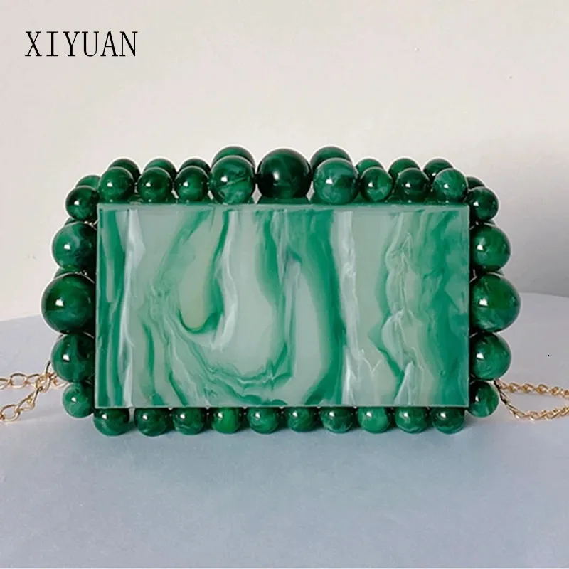 Kvällpåse Clear Acrylic Box Clutch Purse Påsar för bröllopsfest GreenPurple Foil Pärlor Pöjor och handväskor Designer 231017