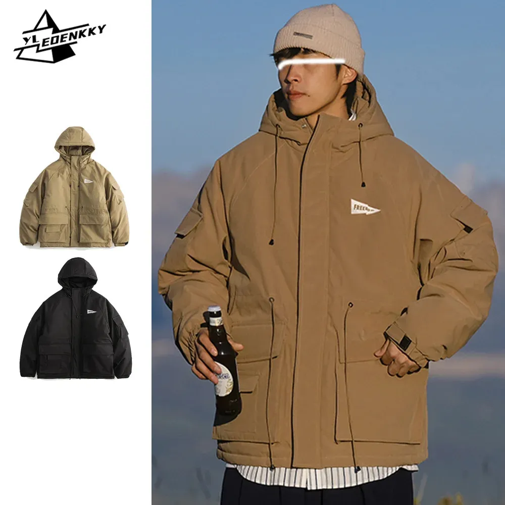 Daunenparka für Herren, Winter-Cargo-Baumwollmantel, für Herren und Damen, Vintage-Stil, lose große Tasche, Kapuzenparka, winddicht, warm, mit Kordelzug, verdickt, 231017