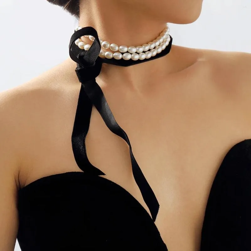 Цепочки Ожерелье с жемчужным ремешком Элегантная флокированная лента Легкая роскошная цепочка на ключицы