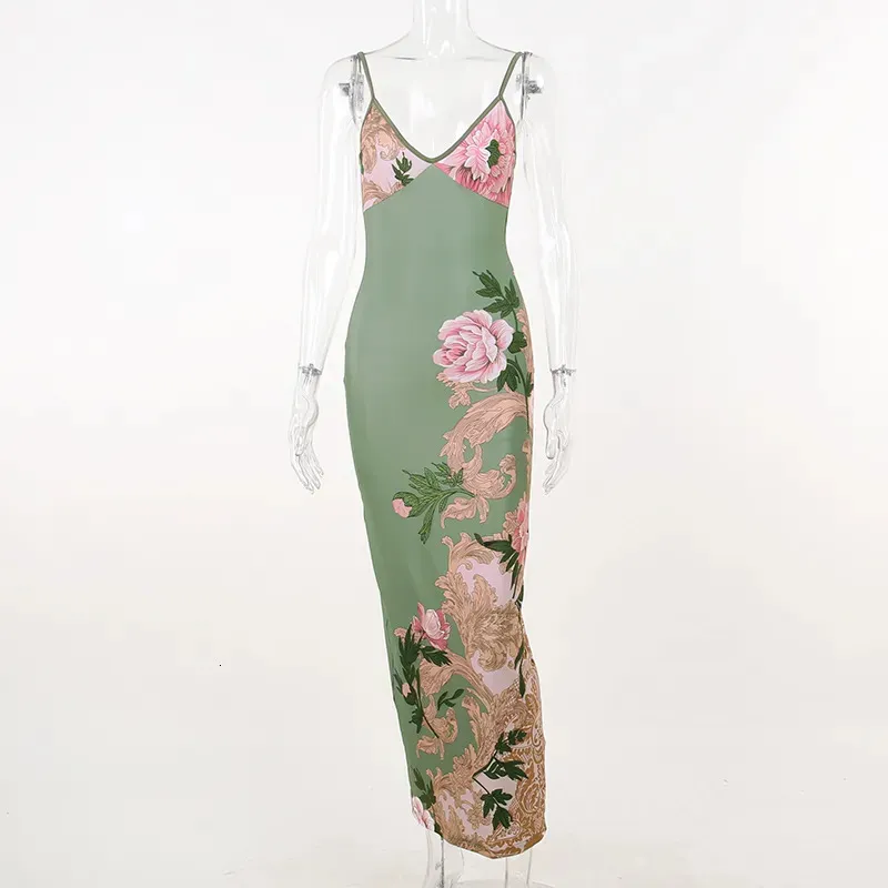 3COLOUR★Sleeveless printed suspender dress 323 2023 Summer Womens Urban Print Sleeveless Suspender Green