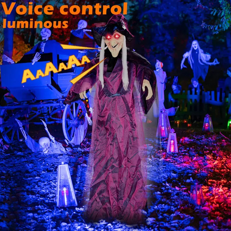 Andra evenemangsfestleveranser Halloween Voice Controlled Witch Led Glowing Eyes Talking Hanging Witch Horror Decor Props Haunted House Garden inomhus utomhus 231017