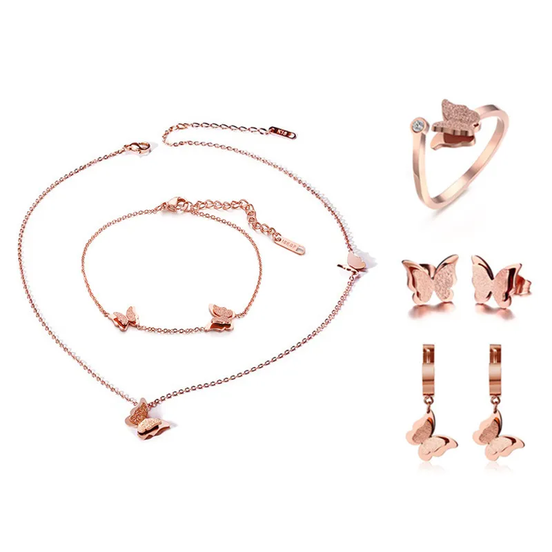 Conjunto de joias femininas de aço inoxidável jateado, lindos pingentes de borboleta, pulseira, colar, brincos, conjunto, ouro rosa