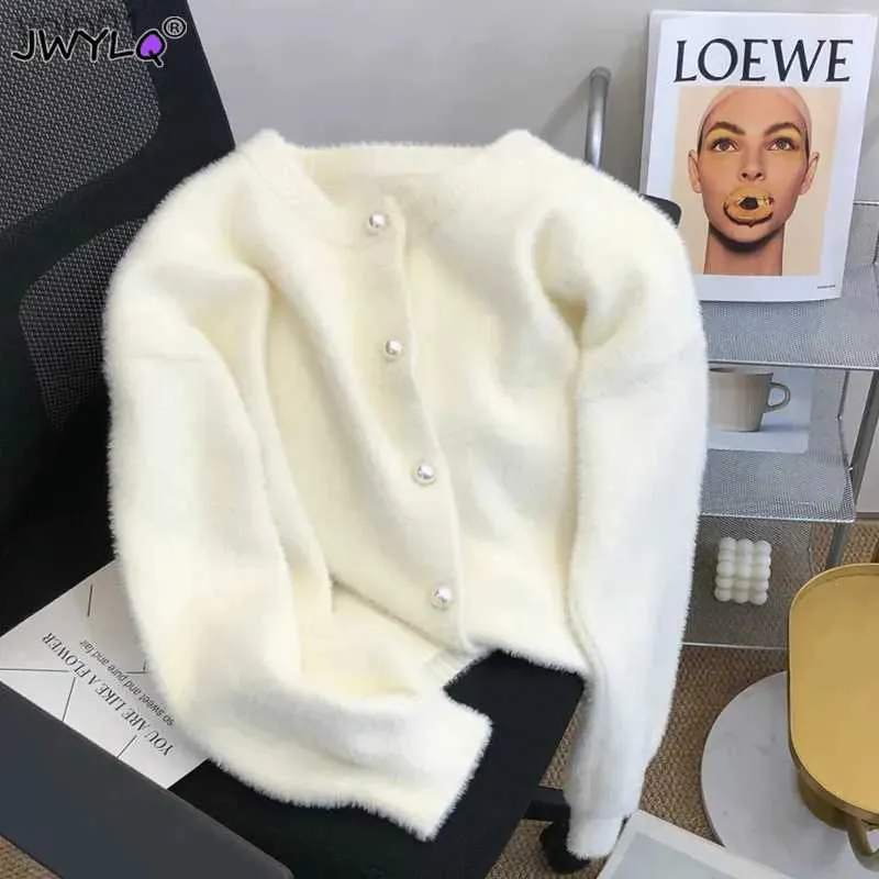 Damenpullover Koreanischer einfacher O-Ausschnitt Einreiher Nachahmung Nerz Samt Strickpullover 2023 Lässige lose weiche Perlenknöpfe Strickjacke WomenL231018