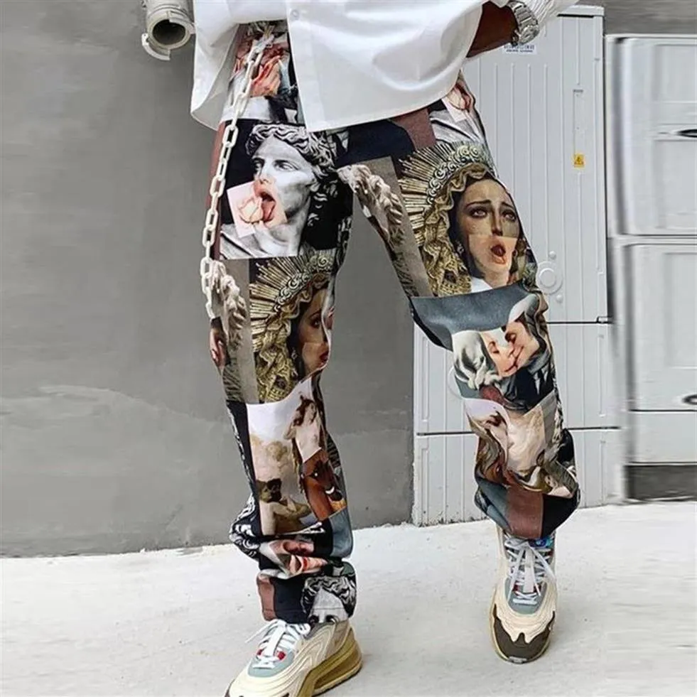 Mäns icke-jeans byxor tryckt rakt löst mid-midjig casual byxor herr mönstertryck och färgning av byxor266t