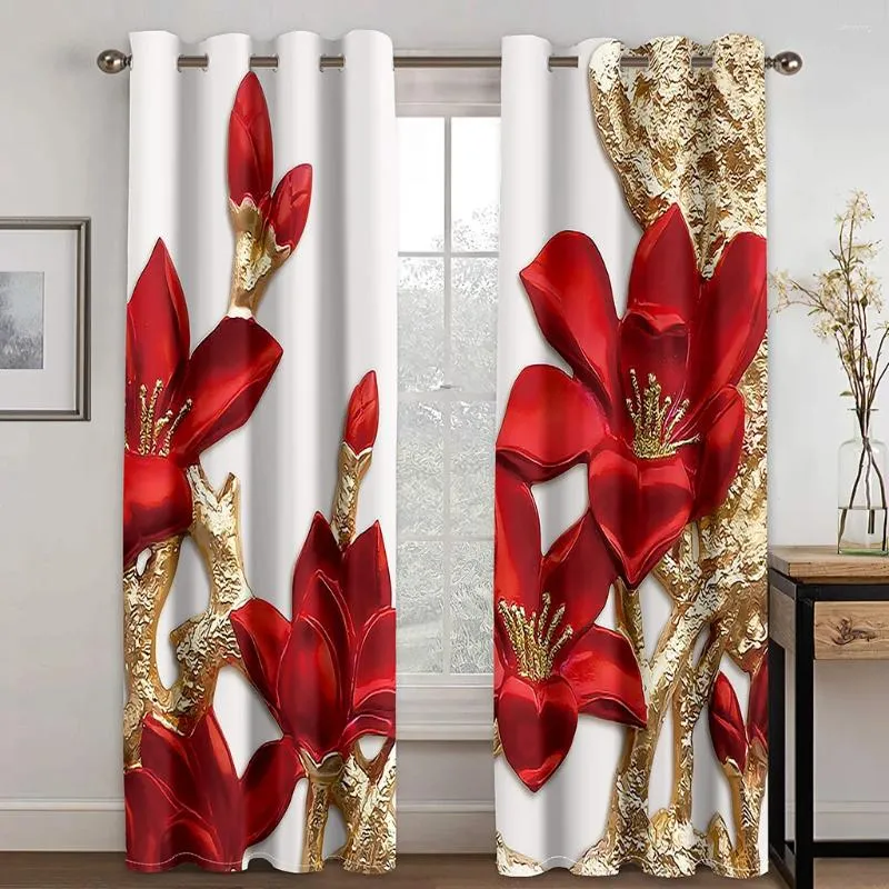 Curtain Red Rose Flower Diamond Gold 3D Design Luxury Två tunna fönstergardiner för vardagsrum sovrum heminredning 2 bitar