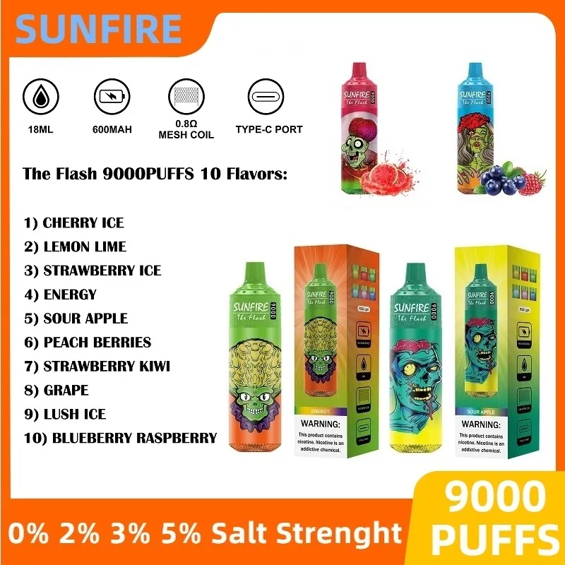 Sunfire descartável caneta vape e cigarros Dispositivo 9000 Puffs tipo C Bateria recarregável 18 ml Carrinhos pré-cheios de cartuchos preenchidos 9k Puff 8k Tornado Vape Vapor Azomar sabor da maçã