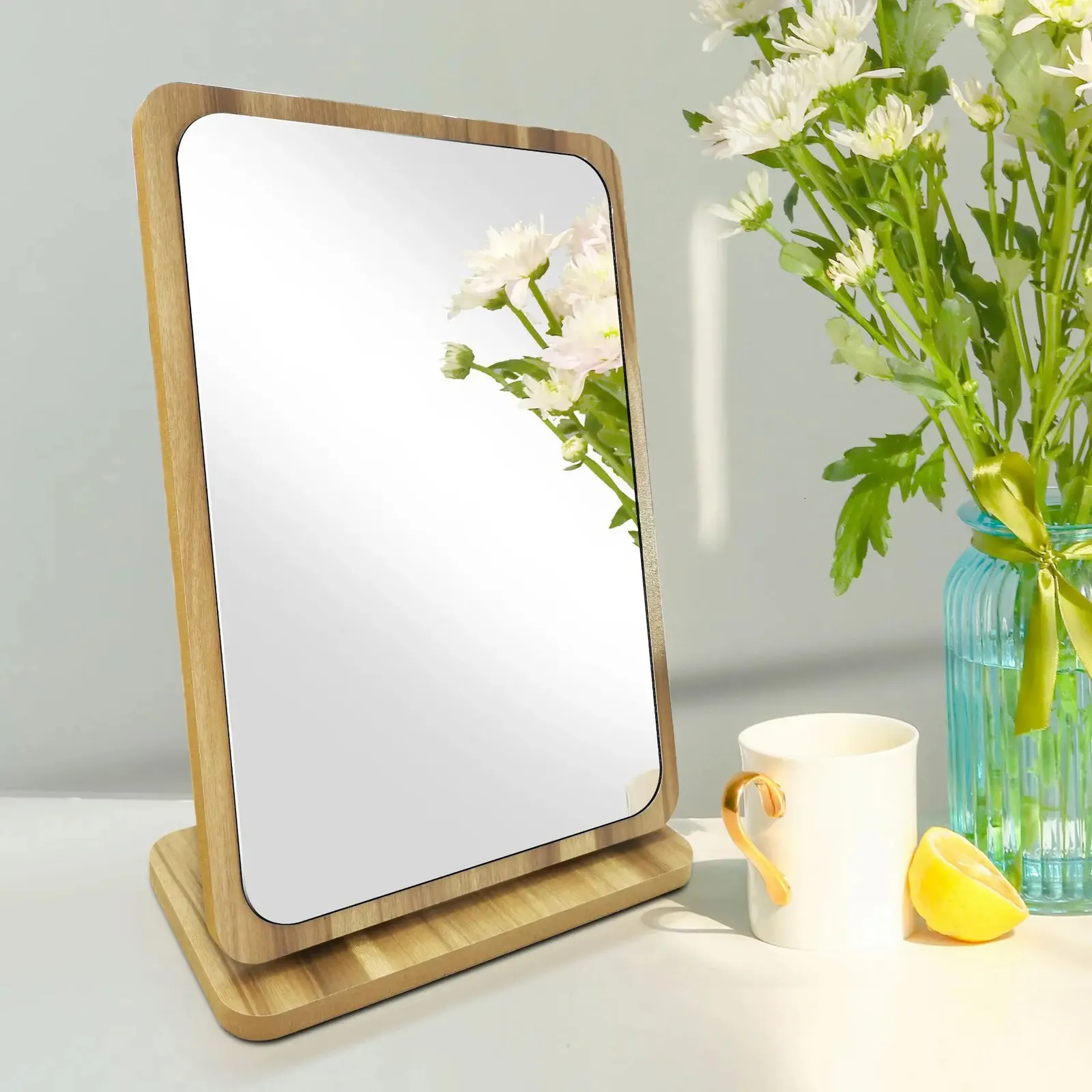 Miroirs compacts Miroir de bureau en bois pivotant miroir de table de maquillage simple face portable comptoir amovible salle privée maquillage haute définition 231018