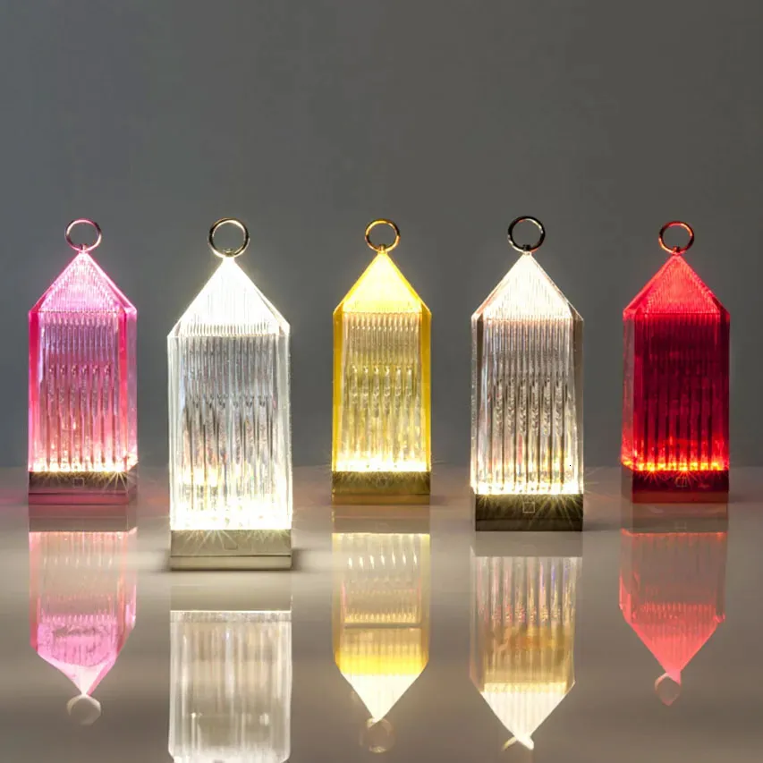 Dekoratif Nesneler Figürinler İtalyan Kartall Tasarım Akrilik Kristal Pil Fener Lantern Parlak Şarj Edilebilir Restoran Işık Lambaları Gece Kaynak 231017
