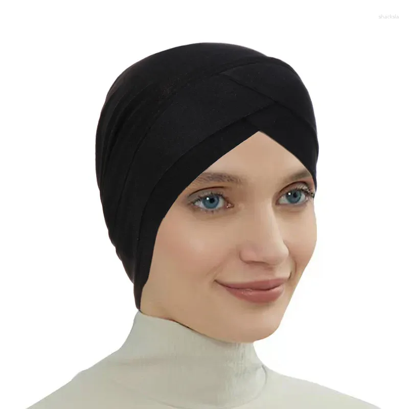 Etnische kleding Voorhoofd Kruis Hijab Cap Voor Ramadan Effen Kleur Zacht Elastisch Moslim Hoofddoek Dames Tulband Bandana Motorkap Trui Hoed