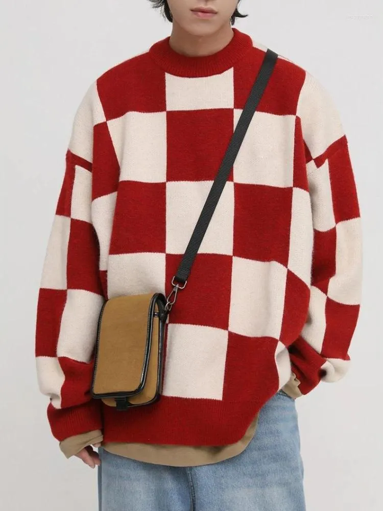 Men's Sweaters Clothing Red Round Collar Knit Sweater Male Long Christmas Pullovers Plaid Crewneck Sweat-shirt Fashion 2023 Tops A X T V