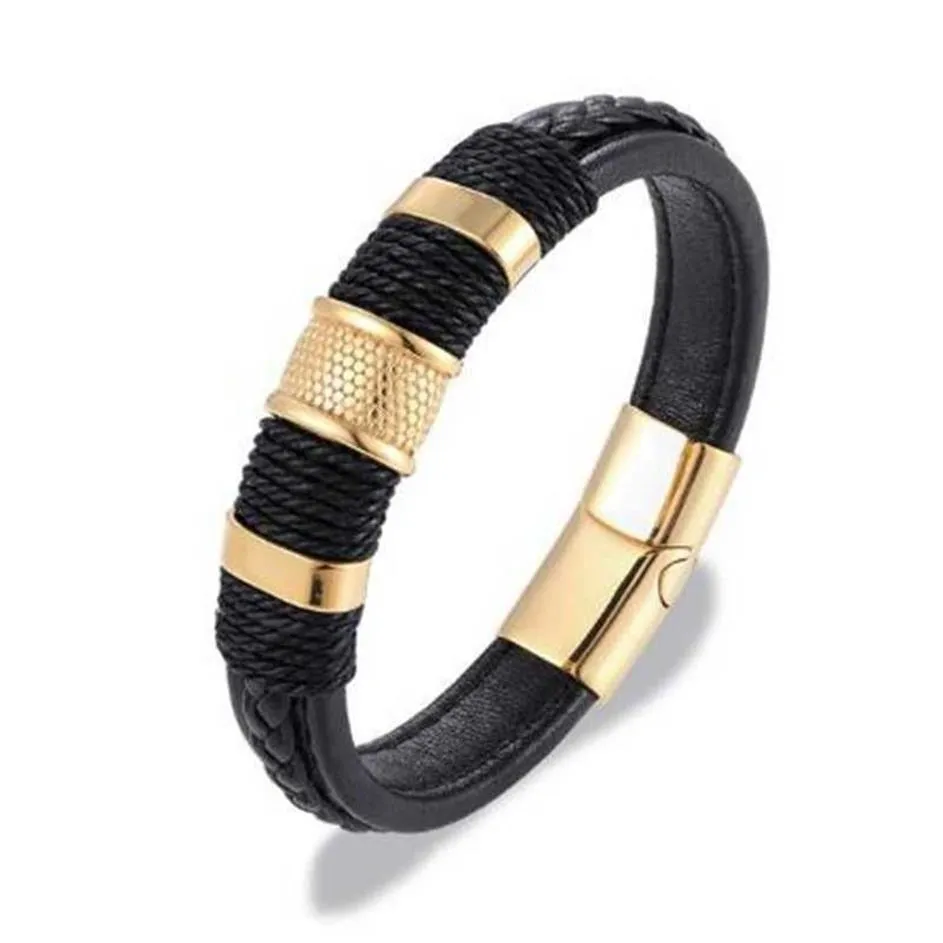 Mehrschichtiges geflochtenes Armband aus echtem Leder, Titan-Edelstahl-Magnetschnalle, Armband für Herren, geflochtenes Armband, Schmuck Q0719278s