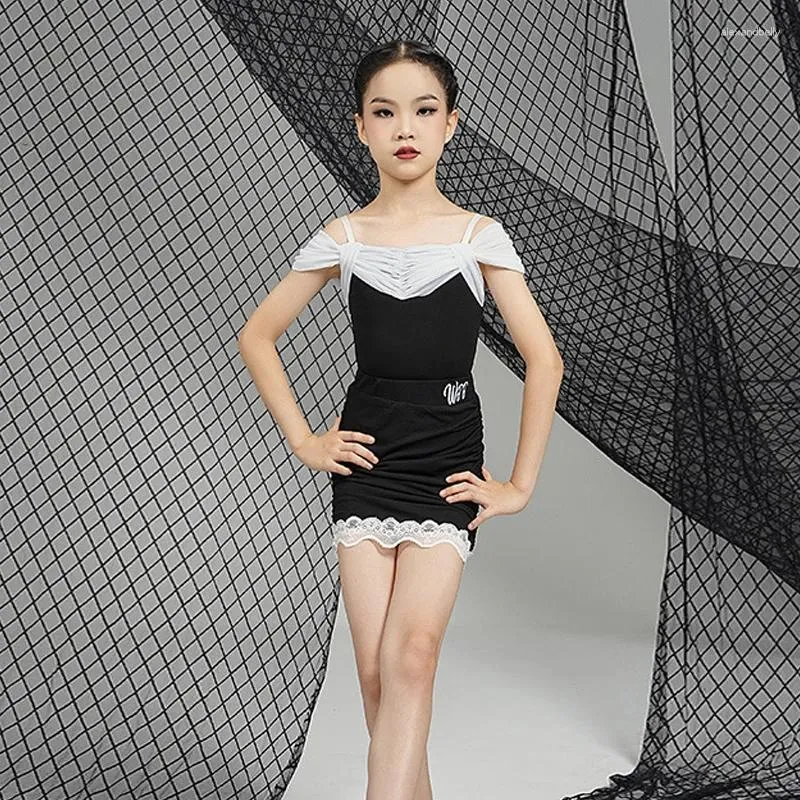 Abbigliamento da palcoscenico Abiti da ballo per bambini Abiti da ballo latini neri Top gonne per ragazze Concorso di danza Costume da ballo SL8708