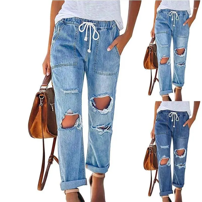 Damen-Jeans, einfarbig, elastisch, mit Kordelzug, hohe Taille, waschbar, lässig, gerade, weites Bein, Denim-Hosen