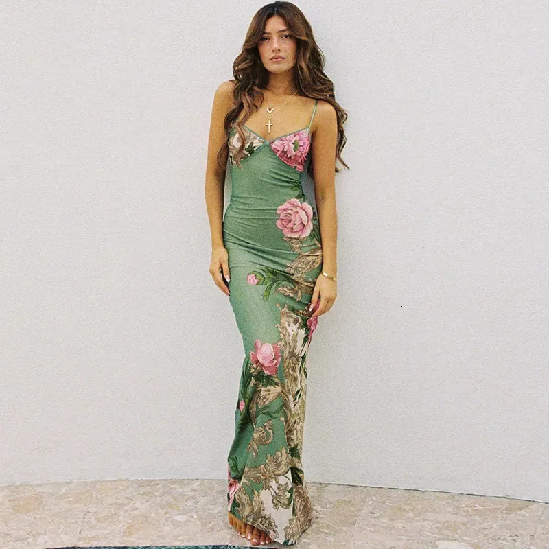 3COLOUR★Sleeveless printed suspender dress 323 2023 Summer Womens Urban Print Sleeveless Suspender Green