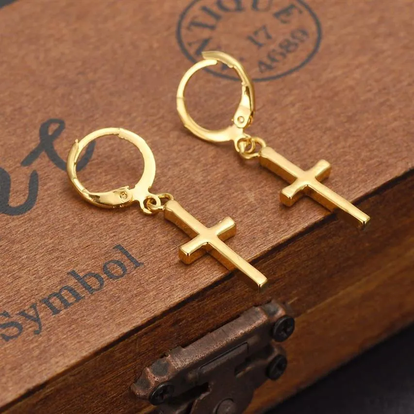 Exclusive Special Design Christian Vogue Womens True Real 14K Solid Fine Yellow Gold GF Crucifix Cross Timeless Charm Earrings292E