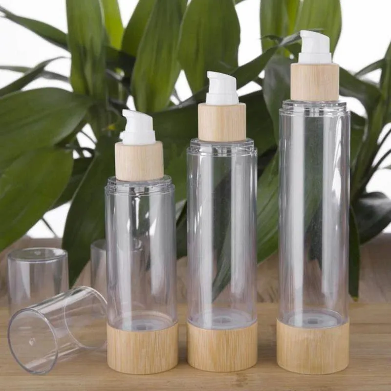 20/30/50/80/100/120 ml Contenedores de muestra de cosméticos de bambú Loción de emulsión Botellas de bomba sin aire al vacío de bambú F2687 Gmbpg Todvm
