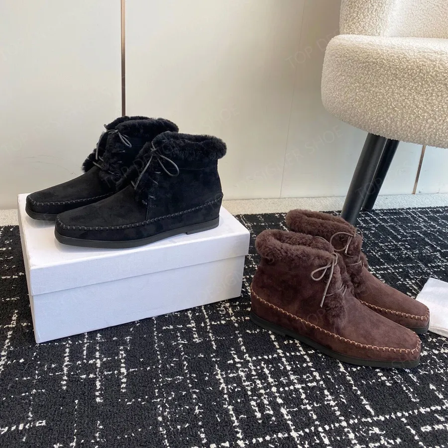 toteme laarzen dames bontlaarzen Warme wollen snowboots met vierkante tenen Shearling pluizig Hoge veterschoenen Sneeuwschoenen Mode Luxe designer schoenen dames