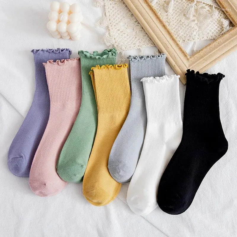 Chaussettes tendance pour femmes, couleur bonbon, mode japonaise, à volants, Kawaii, unies, respirantes, fraîches, pour filles