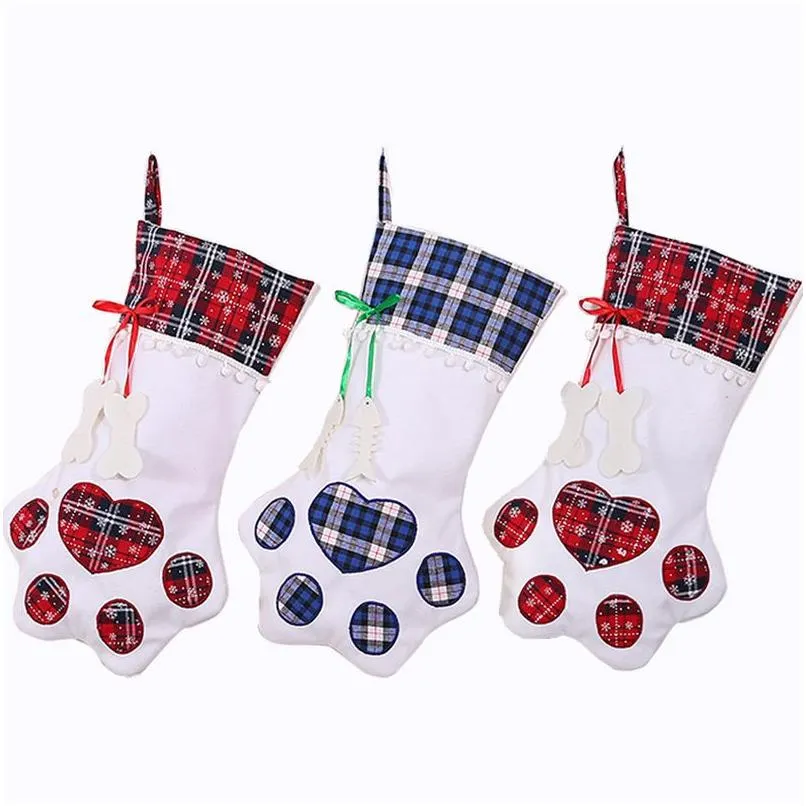 Party Favor Xmas Hanging Decorations In Christmas Pet Santa Sack Polyester Cat Buffalo Plaid Stocking Personalize For Pets Drop Deli Dhevi