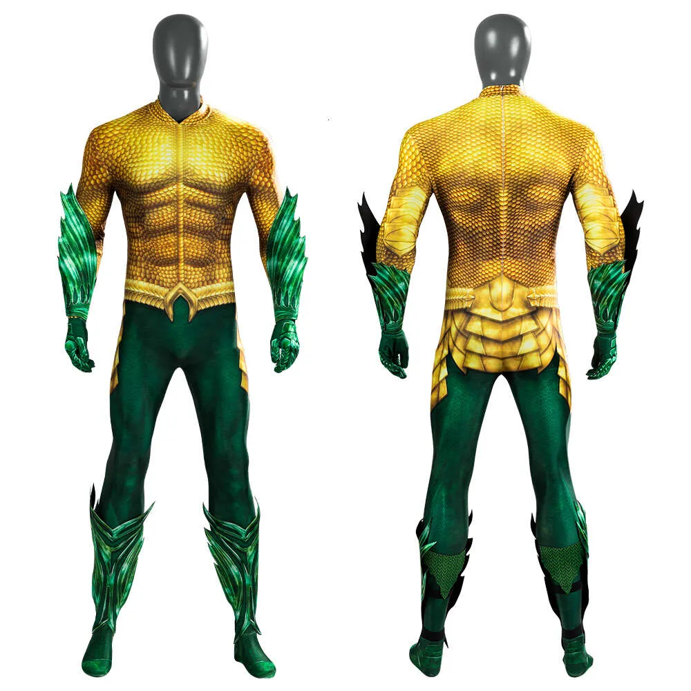 Aquaman Cosplay Costume Arthur Curry Cosplay Zentai Bodysuit Zestaw Gold Battle Suit Superhero Tumpsuit Man Halloween Party Strój