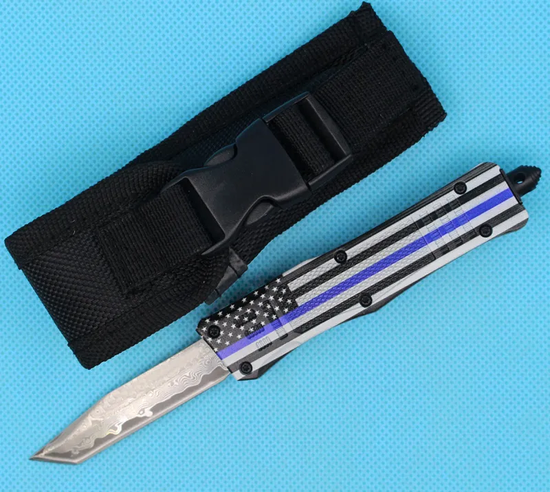 Blue Flag 7 Inch 616 Mini Auto Tactical Knife Damascus Steel Single Edge Blade Zn-al Alloy Handle EDC Pocket Knives with Nylon Bag