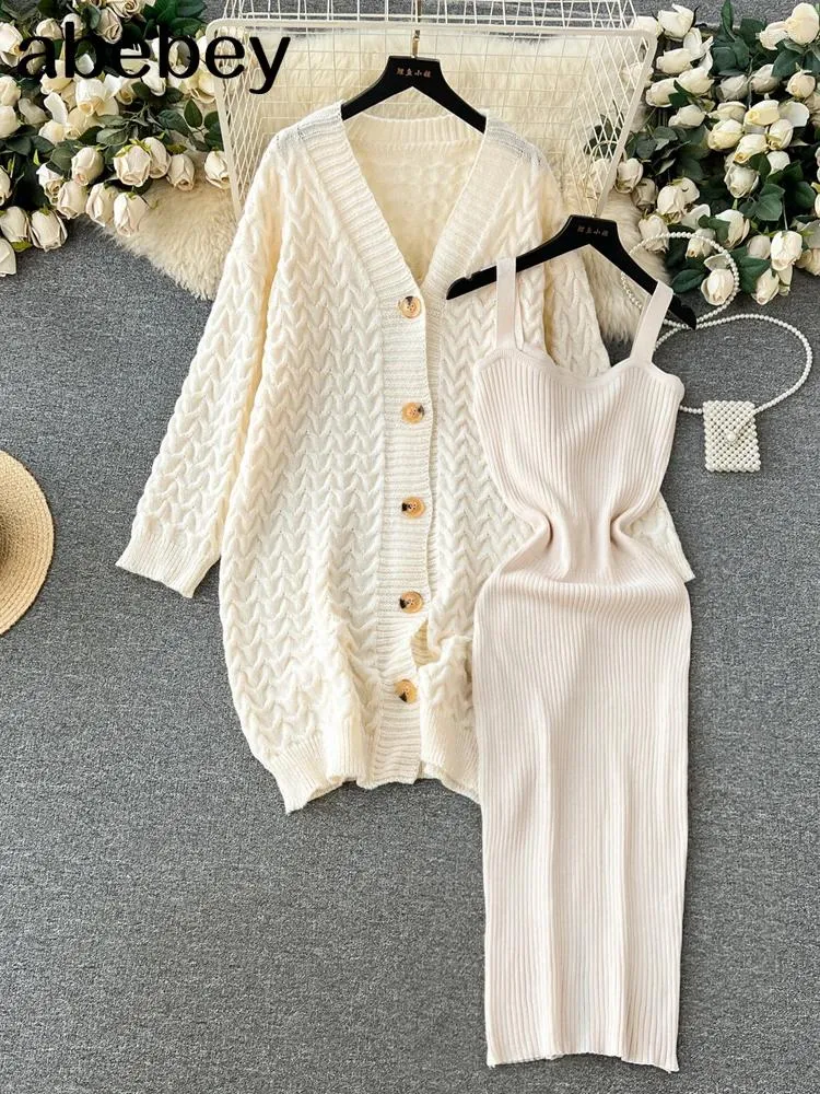 Work Dresses Winter Two Piece Knit Sets Women Shawl V Neck Long Sleeve Loose Dress Fashion 2023 Casual Warm Sweater Suit