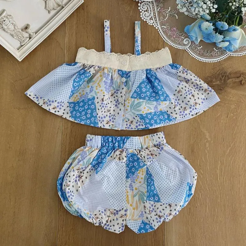 Kläder set honungcherry sommar baby flicka cool sling lapptäcke blommig kostym spädbarn och småbarn blommaknoppbyxor tvådelar