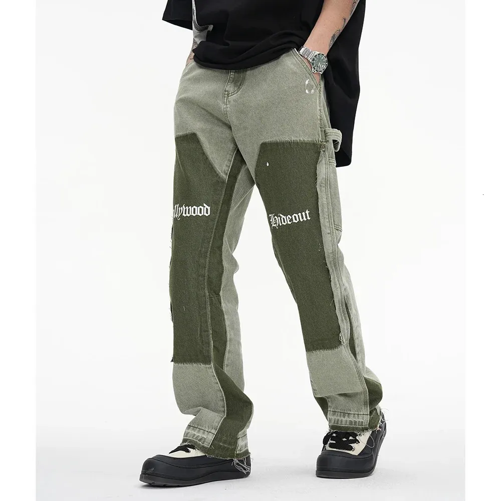 Herrenjeans Urban Streetwear Y2k Ink Painted Spliced Flare Pants Jeans für Männer Straight Casual Baggy Denim Hose Unisex Oversize Cargos 231017