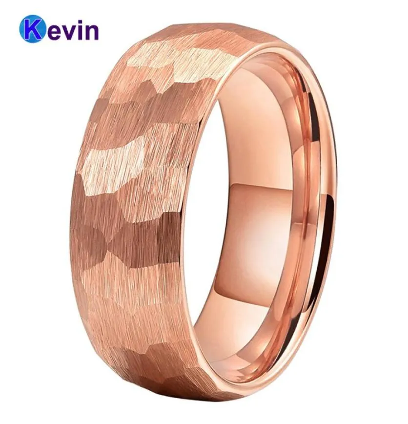 Anillo de martillo de oro rosa, alianza de boda de carburo de tungsteno para hombres y mujeres, acabado cepillado martillado multifacético, 6MM 8MM Comfort Fit6290777