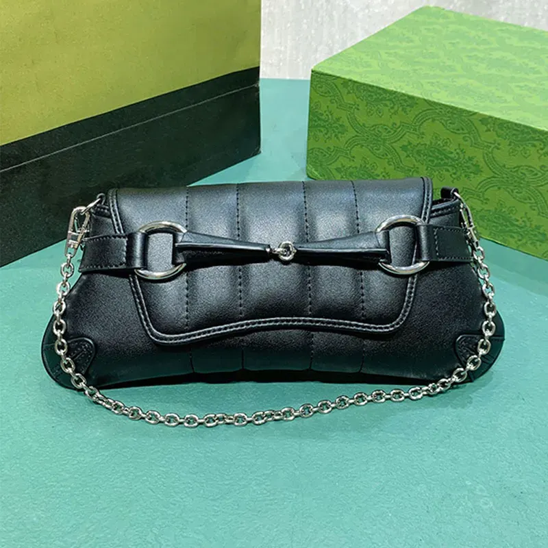5a hochwertige Horsebit-Ketten-Umhängetasche aus echtem Leder für Damen, Hobos-Handtaschen, Geldbörse, Unterarm-Paket, innen, modische Buchstaben, silberfarbene Hardware, 27 cm