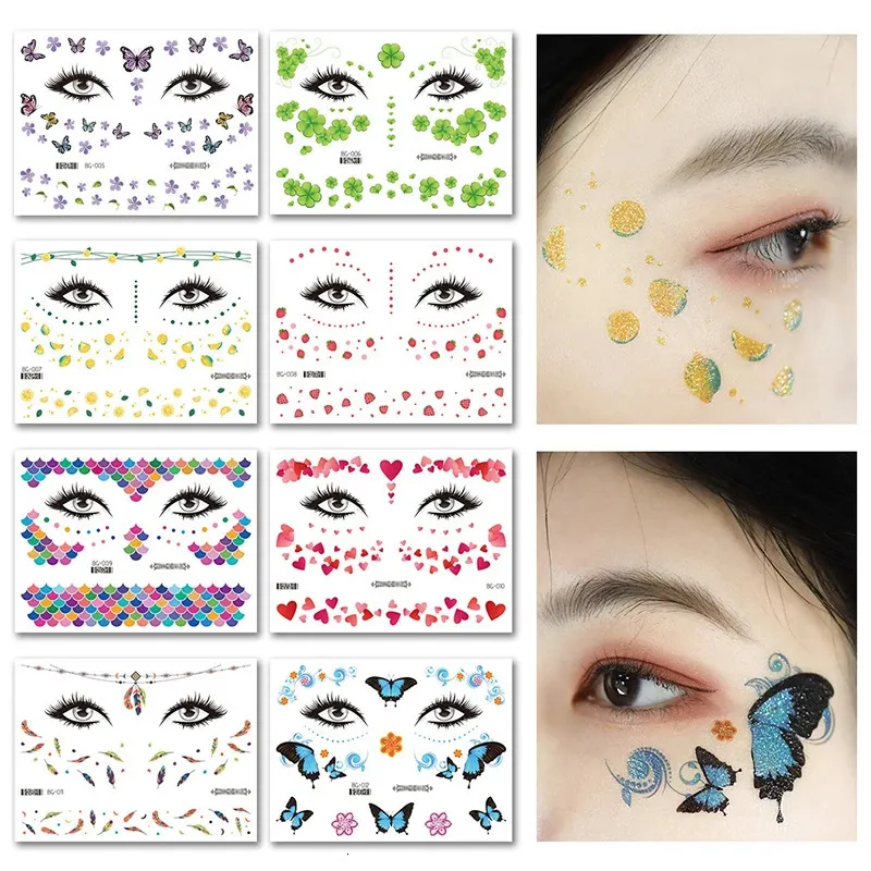 5 STÜCK Temporäre Tattoos Glitzernde Schmetterlingsblumen Tattoo Wasserdichte Augen Gesicht Aufkleber Körperkunst Falsche Tanzmusik Festival Make-up Aufkleber 231018