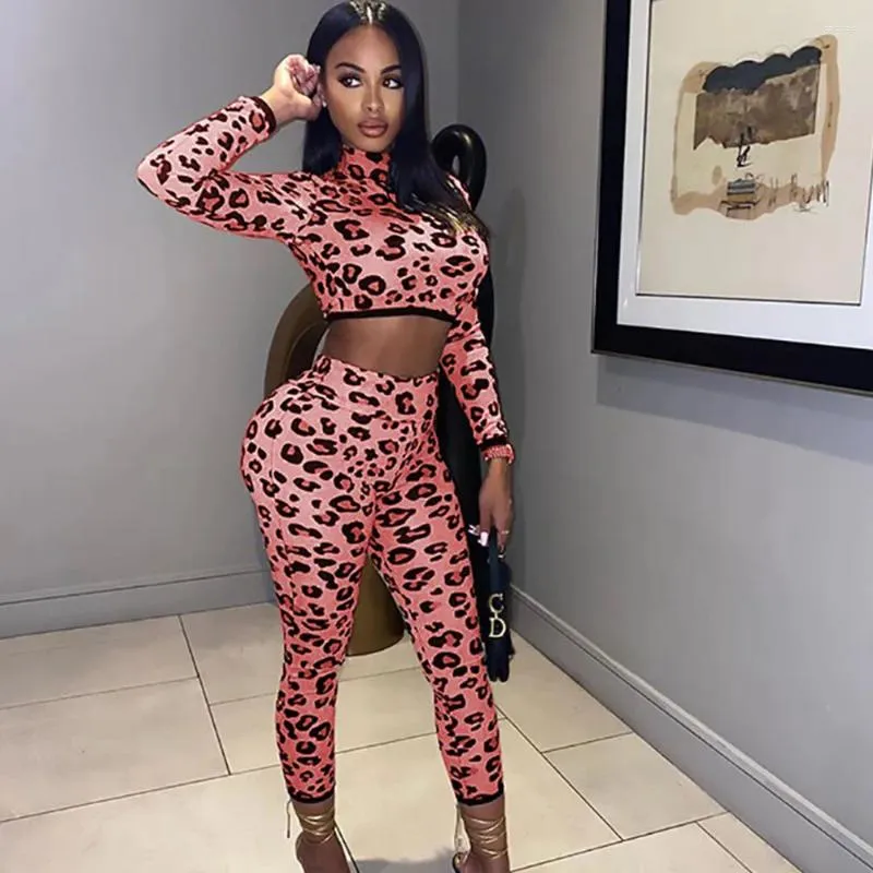 Pantalon de deux pièces pour femmes Leopard Bodycon Set Femmes Co Ord Ensembles Automne Col Roulé Anniversaire Sexy Club Tenues À Manches Longues Skinny Assorti