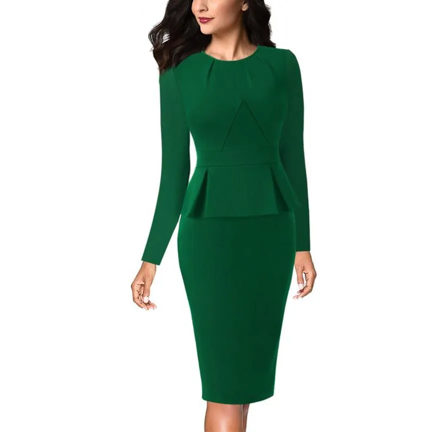 Vfemage damski elegancka elegancka plisowana szyja peplum zamek błyskawiczny zużycie do pracy biuro biznesowe vestidos bodycon osłona sukienka 1515 y296f