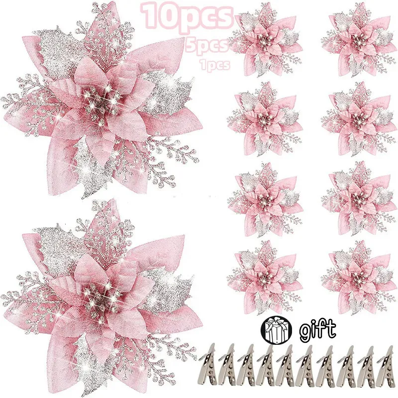 Décorations de Noël 1051pcs 145cm Glitter fleurs artificielles décoration d'arbre bonne année ornements Noël faux natal 231017