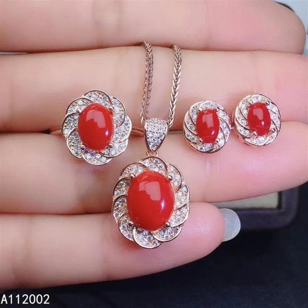 Beaux bijoux naturel rouge corail 925 en argent Sterling femmes pendentif boucles d'oreilles ensemble de bagues Support Test luxe beau Bracelet collier305f