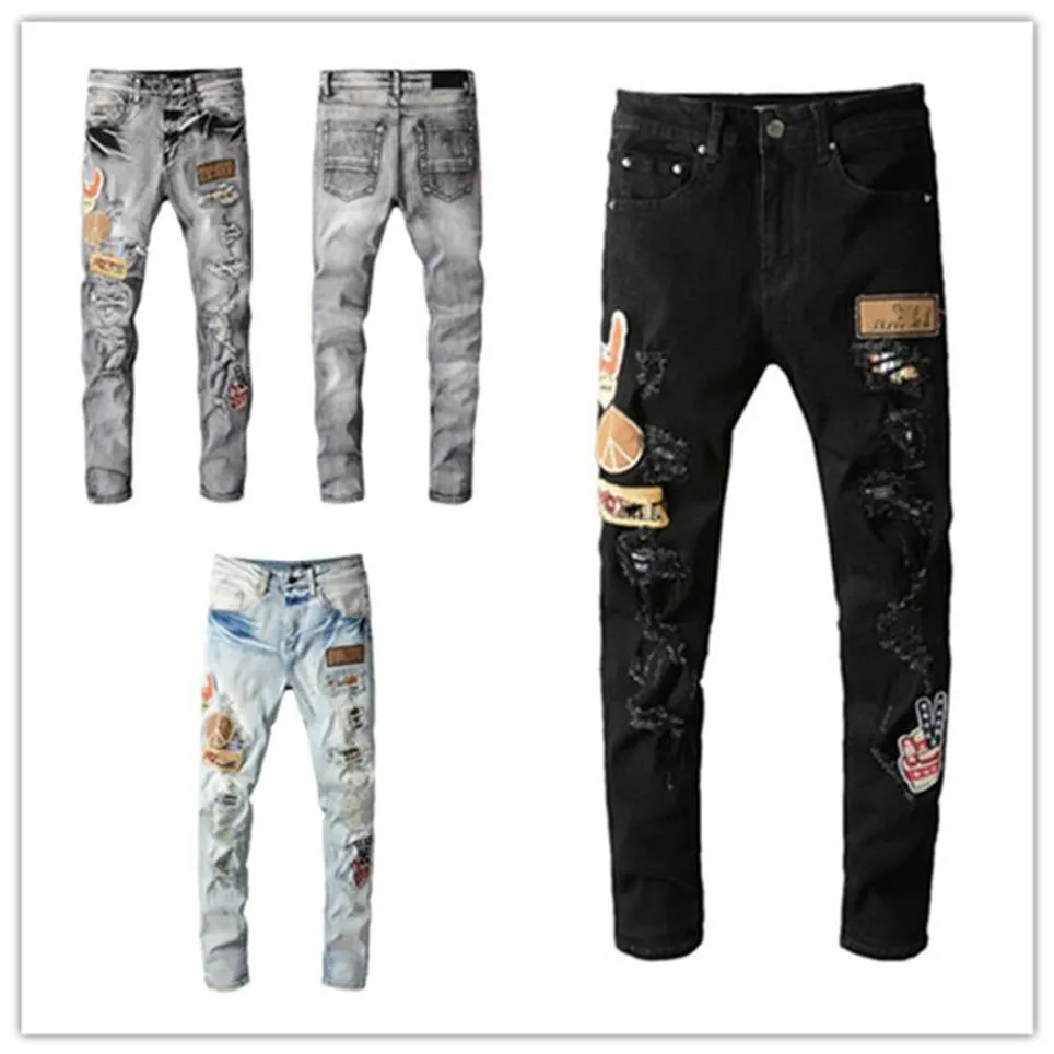 Designer Mens Jeans Indústria Pesada Rasgado Slim-Leg Jean Patches Estilo Vintage Buraco Moda Homens Buracos Calças Slim Motocicleta Biker289m