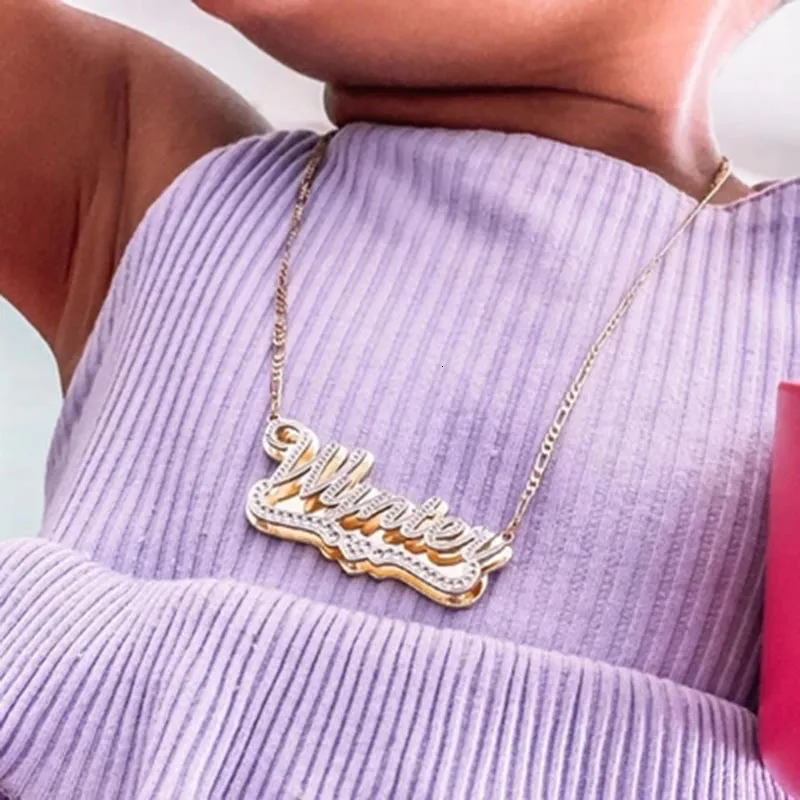 Personalized 3D Name Pendant Necklace With Heart Figaro Chain 18K