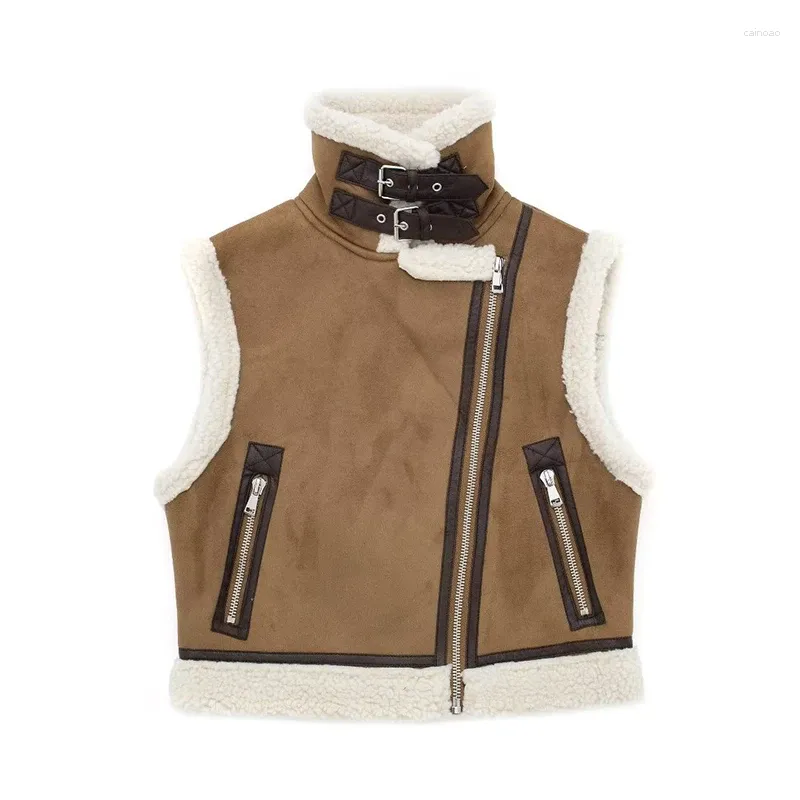 Gilet da donna Marrone Patchwork Tasca in pelliccia Teddy Cappotti Autunno senza maniche Addensare con bottoni ricoperti Cardigan Gilet 2023 Donna Loose Street