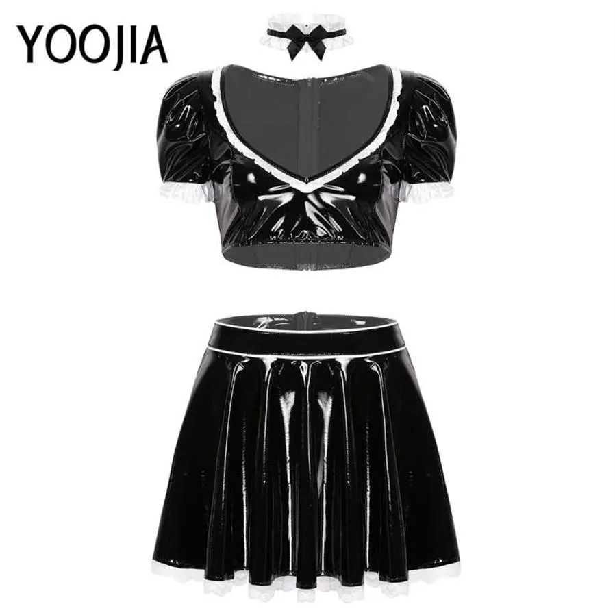 Bras Define Womens Adulto Maid Cosplay Traje Patente Couro Wetlook V-Neck Puff Manga Top Ruffled High Rise A-Line Saia Curta Set261Z