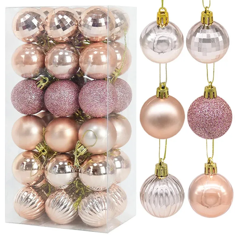 Decorazioni natalizie 1 scatola di palline di plastica in oro rosa ornamento 4 cm ciondolo pendente palla per interni anno decorazione per albero di Natale decorazione per la casa 231017