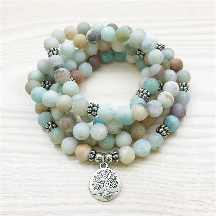 SN1144 mat 8mm am-azonite 108 Mala Bracelet ou collier arbre de vie Bracelet haute qualité Yoga bijoux 291Q