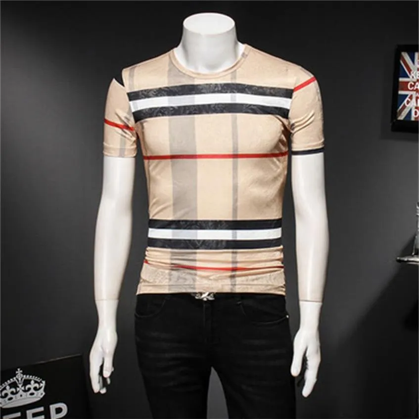 Summer 2023 men's tops plaid short-sleeved t-shirts ice silk printing trendy fashion youth handsome round neck casual bottomi269K