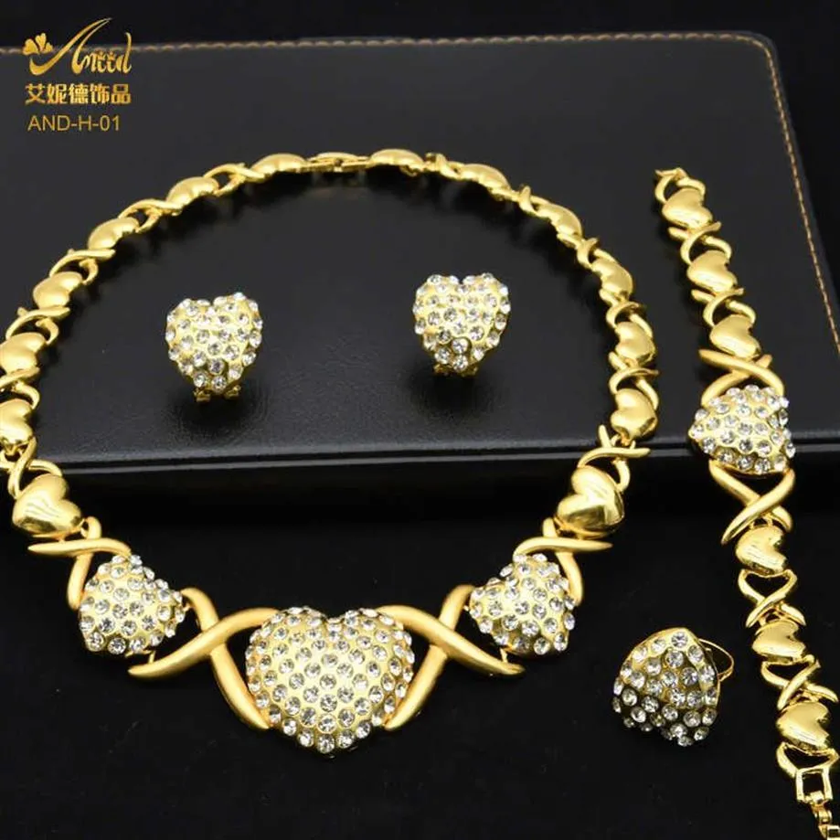 Xoxo – ensemble de bijoux couleur or, collier en forme de cœur, boucles d'oreilles de mariage africaines, bracelet, bague de luxe indienne nigérian, bijoux de mariée à la mode H12580
