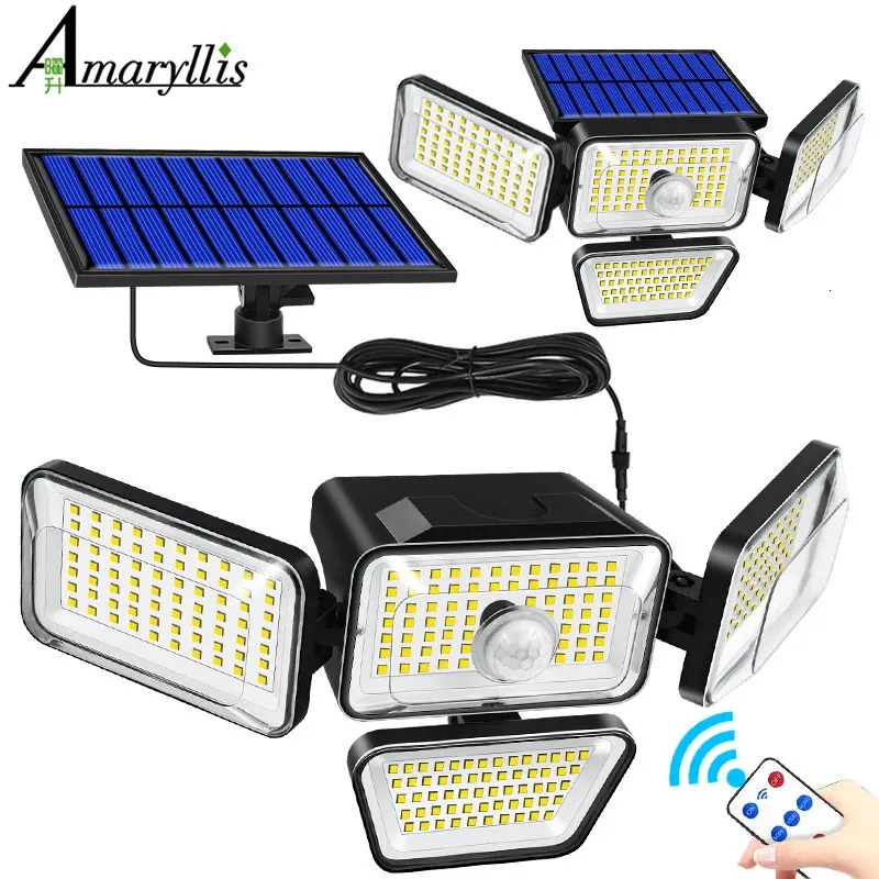 Gun Lights Lumières solaires extérieures 278 LED 1200LM Lumières de sécurité solaires contre les inondations avec capteur de mouvement IP65 étanche 4 têtes Spot Applique murale 231018