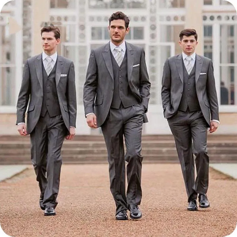 Herrdräkter vintage grå klassisk bröllop smal passform brudgummen smoking brudgummen kostym manlig blazer 3 -stycksdräkt homme terno masculino