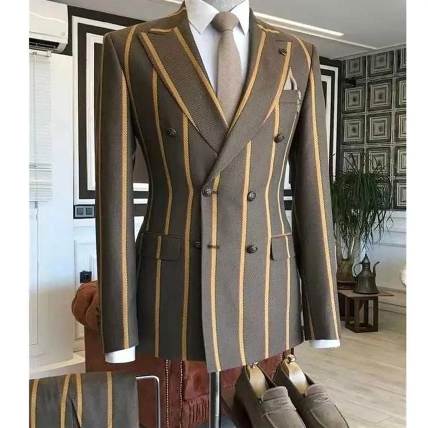 Men's Suits & Blazers Wedding Men'S Suit Brown Double Breasted Stripe Slim Fit Custom Size Elegant Dress Homme Gentleman213S