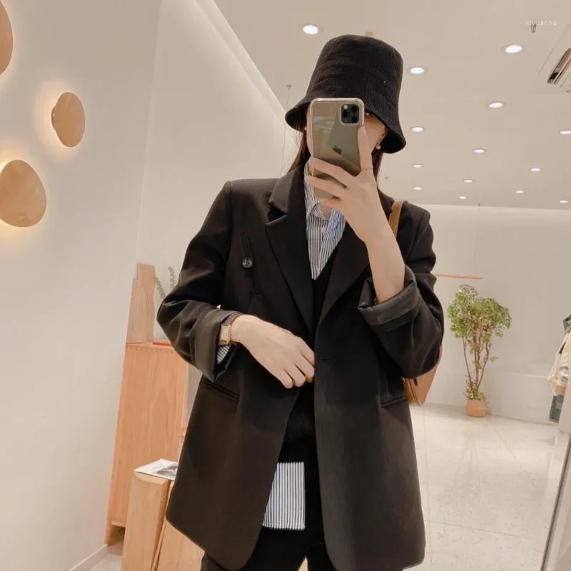 Ternos femininos preto oversize blazer mulher única fivela escritório elegante feminino casual manga longa primavera e outono roupas jaqueta