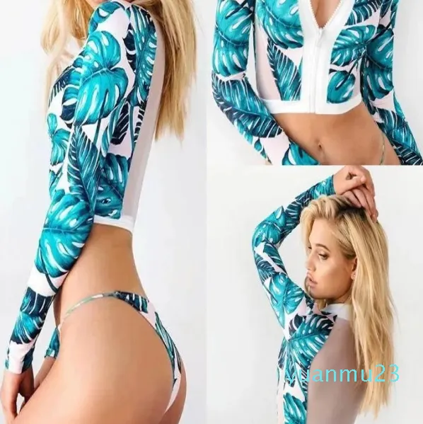 Impressão floral manga longa roupa de banho feminina biquíni topo de colheita surf beachwear brasileiro tankini maiô fatos de banho feminino biquni