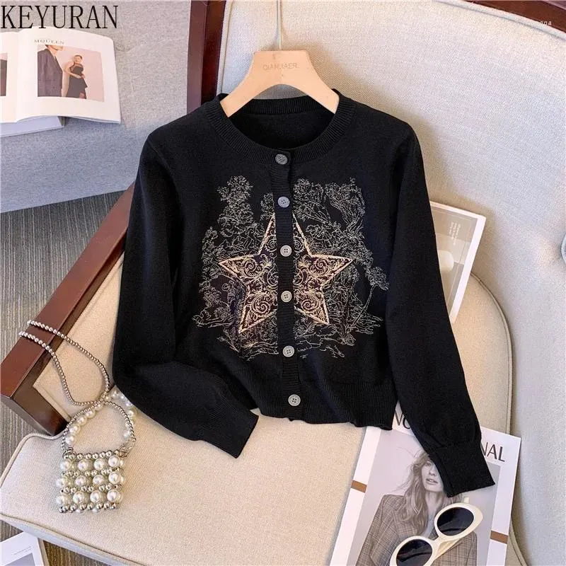 Kobiety Swatters Star Haftowe Cropled Cardigan Women Sweater Płaszcz Long Rękaw Sprężyna jesień Vintage Chicka Kurtki dzianiny